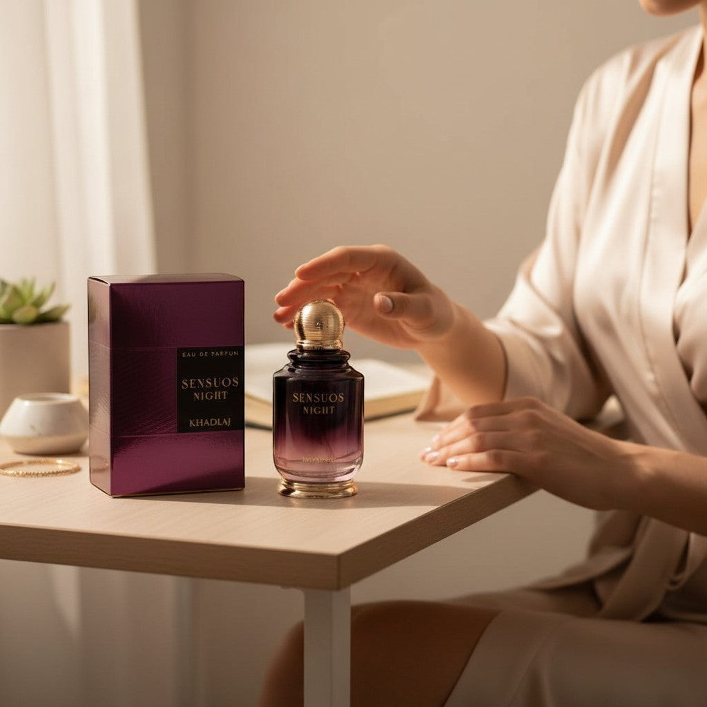 Oud Sera Khadlaj Sensuos Night perfume bottle and purple box on a wooden table with a woman's hand nearby.