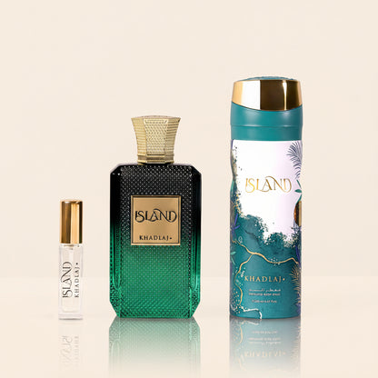 KHADLAJ ISLAND GIFT SET FOR HIM & HER (EDP 100 ML, BODY SPRAY & TRAVEL SIZE EDP 8 ML) - Khadlaj Perfumes