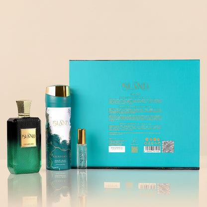 KHADLAJ ISLAND GIFT SET FOR HIM & HER (EDP 100 ML, BODY SPRAY & TRAVEL SIZE EDP 8 ML) - Khadlaj Perfumes
