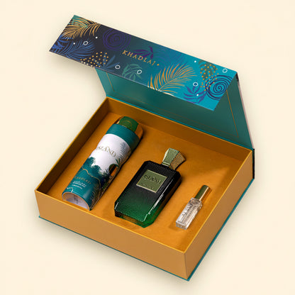 KHADLAJ ISLAND GIFT SET FOR HIM & HER (EDP 100 ML, BODY SPRAY & TRAVEL SIZE EDP 8 ML) - Khadlaj Perfumes