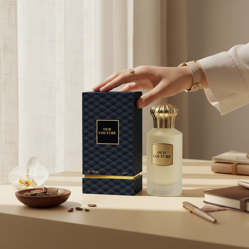 Oud Sera Ahmed Al Maghribi Oud Couture perfume bottle and textured navy box on a desk with a hand reaching for it.