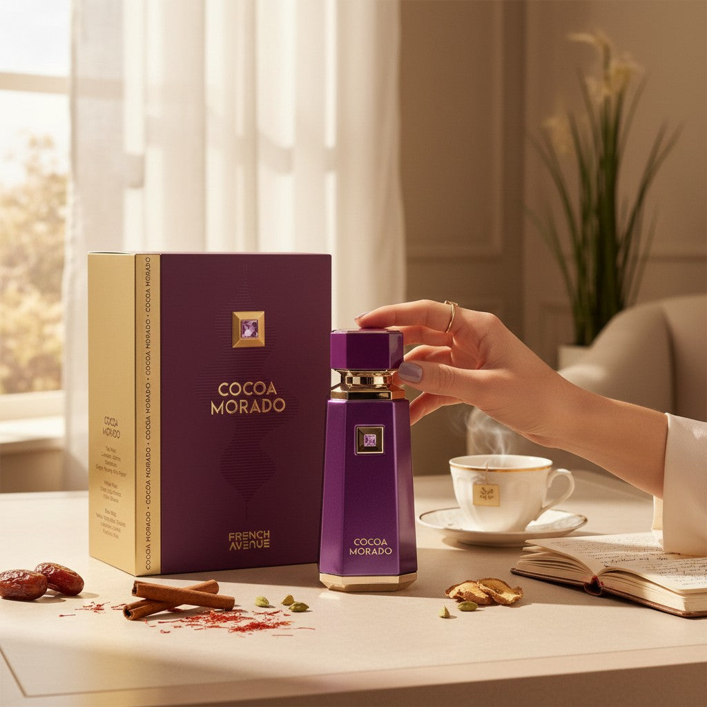 Oud Sera French Avenue Cocoa Morado unisex perfume bottle and box with cinnamon sticks and dates on a table