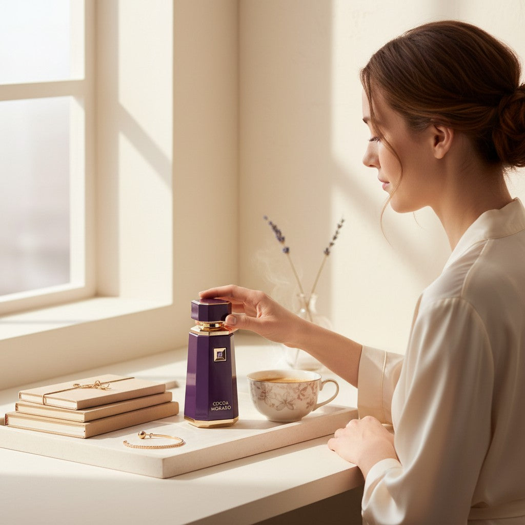 Oud Sera French Avenue Cocoa Morado unisex perfume bottle in deep purple on a desk with a woman in a white robe.