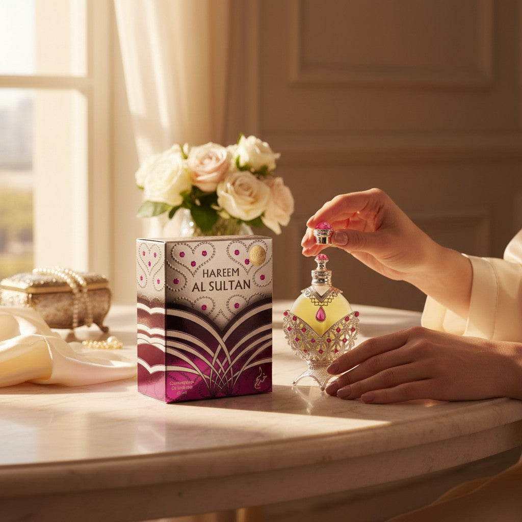 Oud Sera Khadlaj Hareem Al Sultan Silver perfume oil in an ornate bottle with a hand opening it on a marble table.