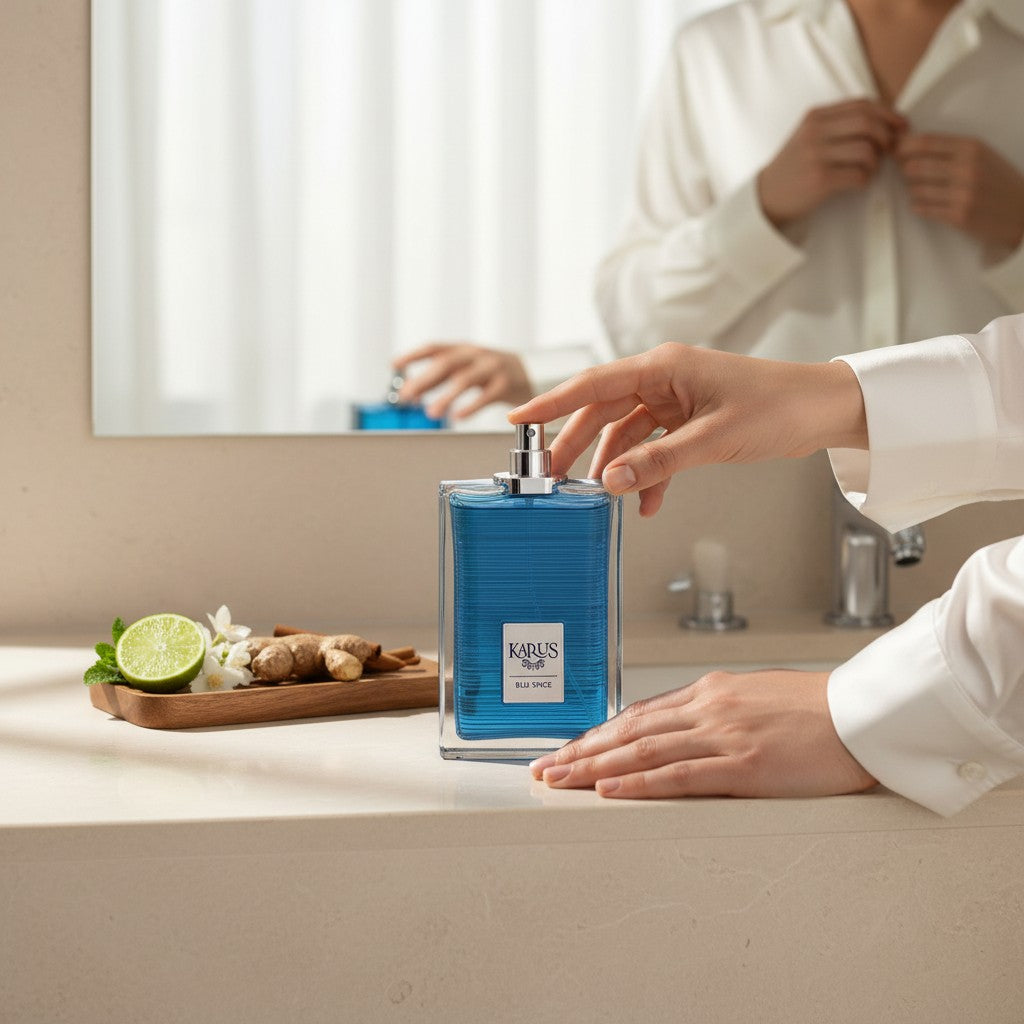 Oud Sera Khadlaj Karus Blu Spice perfume bottle with lime, ginger, and neroli on a bathroom counter.