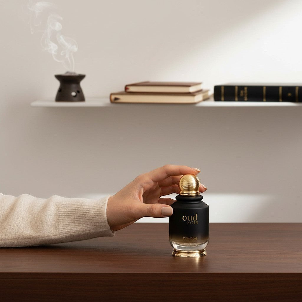 Oud Sera Khadlaj Oud Noir perfume bottle with gold cap held by a hand on a wooden table with incense in the background