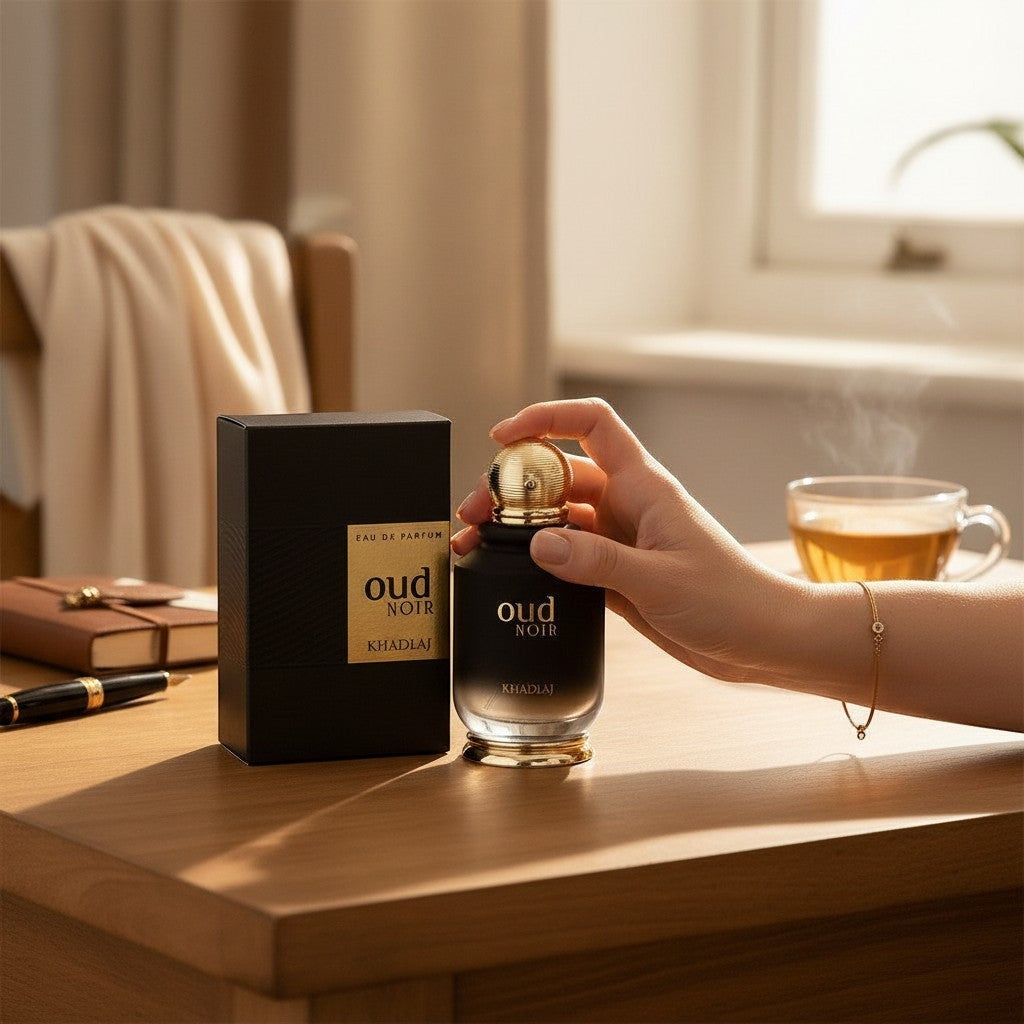 Oud Sera Khadlaj Oud Noir perfume bottle and box on a wooden desk with a hand reaching for the luxurious fragrance.