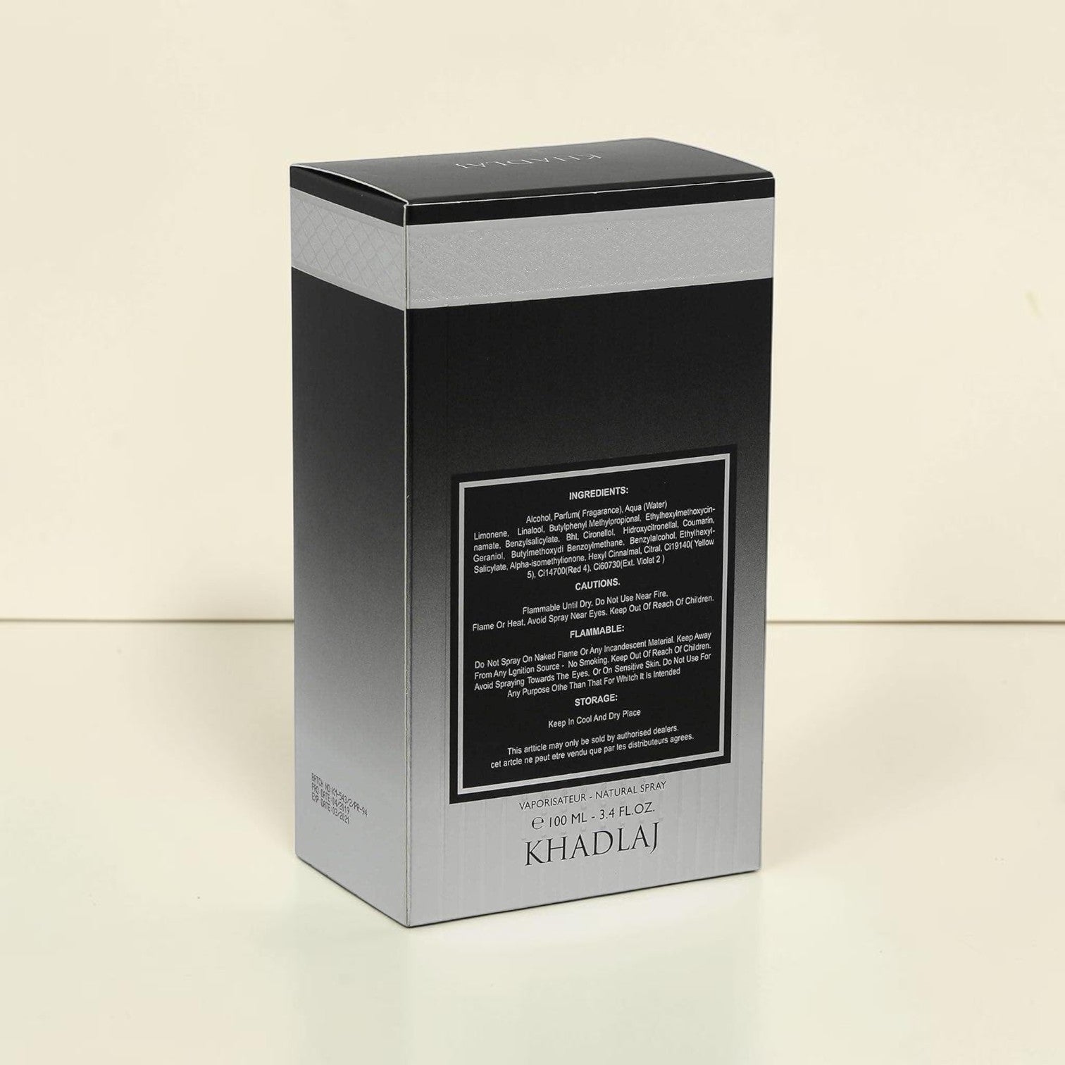 Oud Sera Khadlaj Pure Musk perfume box showing ingredient list and product details on a neutral background
