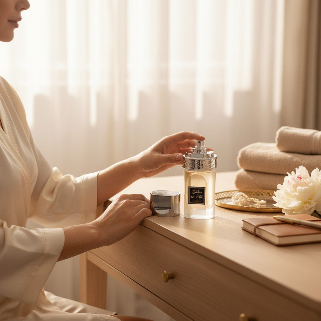 Oud Sera Khadlaj Pure Musk perfume bottle held by a woman in a serene, sunlit room with towels and a flower.