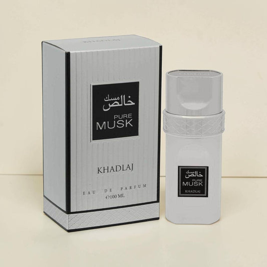 Oud Sera Khadlaj Pure Musk eau de parfum 100ml bottle and silver-grey box with elegant minimalist design