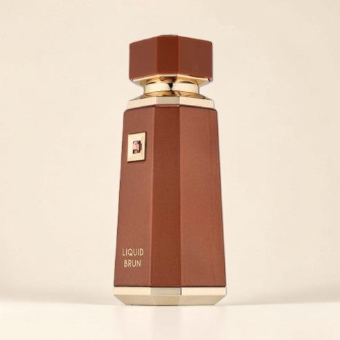 Oud Sera French Avenue Liquid Brun unisex Eau de Parfum in a sleek brown hexagonal bottle with gold accents.